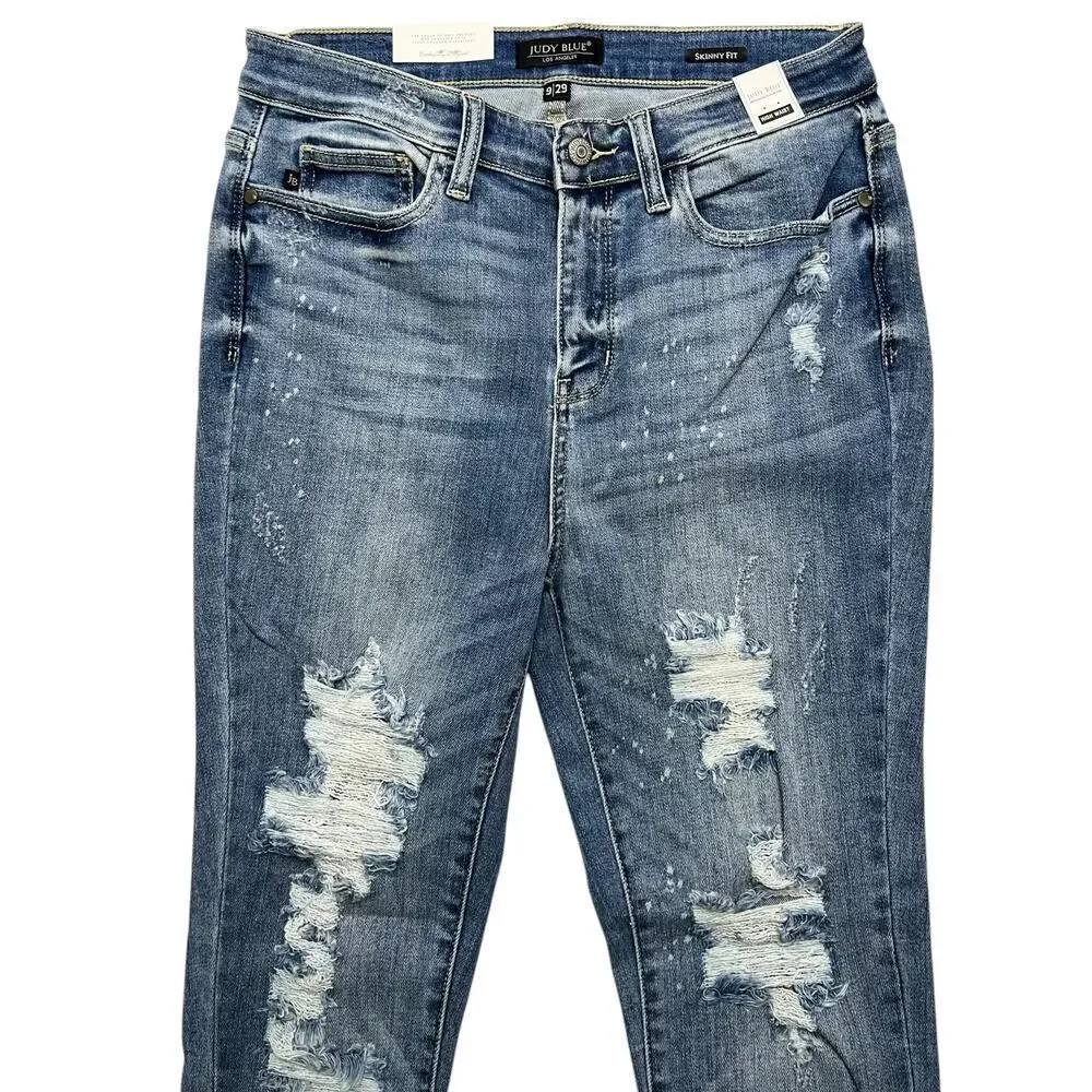 Judy Blue Hi-Rise Medium Wash Skinny Bleach Splash Destroyed Jeans (NWT)‎ - 9/29 - Picture 3 of 9